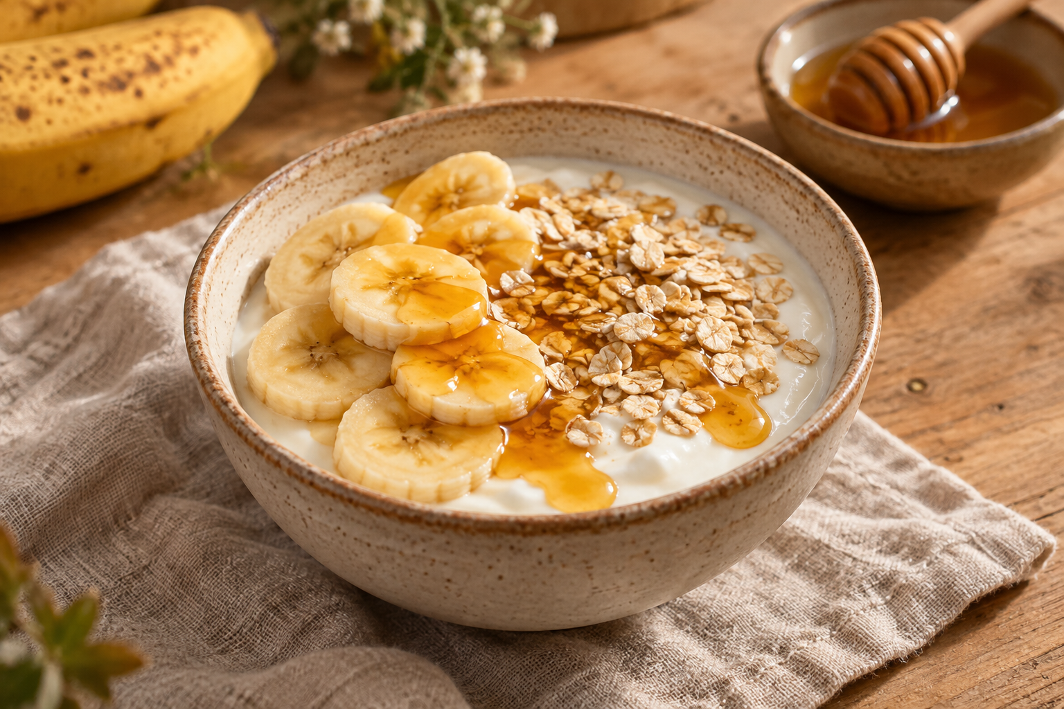 Tigela de iogurte com banana, aveia e mel