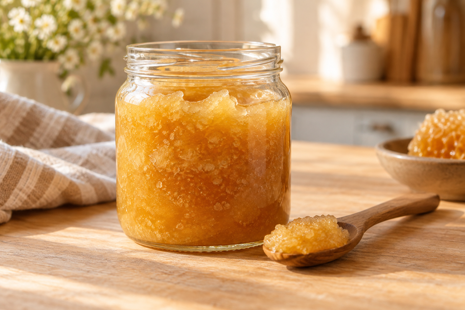 Pote de vidro com mel naturalmente cristalizado e colher de madeira