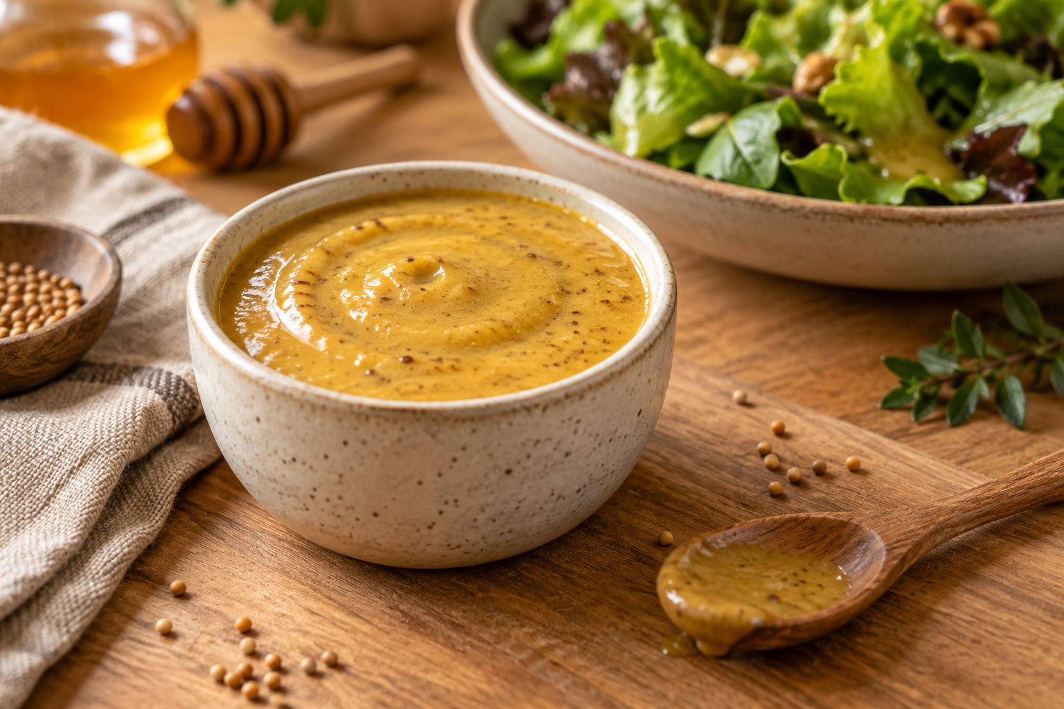 Molho cremoso de mostarda e mel ao lado de uma salada